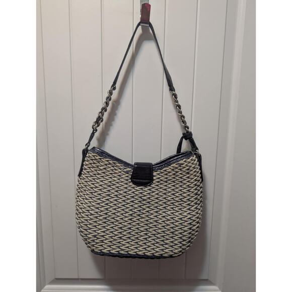 Brighton Natural Wicker Woven Purse Handbag Tote Beige Navy Blue - Picture 6 of 12